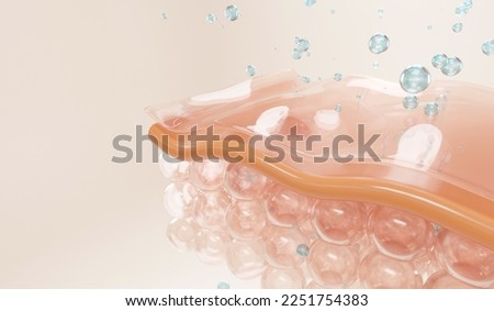 serum and vitamin drop on skin cell. Closeup Oli and vitamin drop on skin cell. serum through the skin layer and reduce up saggy skin. 3d rendering.   Royalty-Free Stock Photo #2251754383