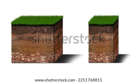 Isometric Soil Layers diagram, Cross section of green grass and underground soil layers beneath, stratum of organic, minerals, sand, clay, Isometric soil layers isolated on white Royalty-Free Stock Photo #2251768815
