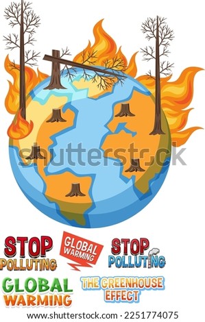 Burning globe with dry tree global warming banner illustration