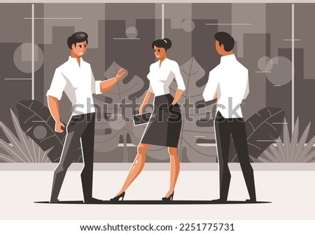 Tee talking office workers. Businessmen and businesswoman discuss business strategy in office. Vector illustration