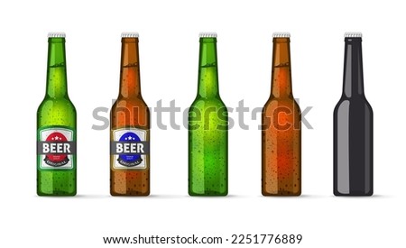 Beer bottle glass 3d set vector green brown black mockup graphic isolated illustration, blank cold lemonade or alcohol drink mock up, lager and ipa package sticker label clip art