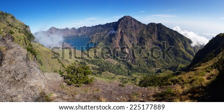 Jari Baru volcano and lake inside Rinjani mountain panorama, Lombok, Indonesia