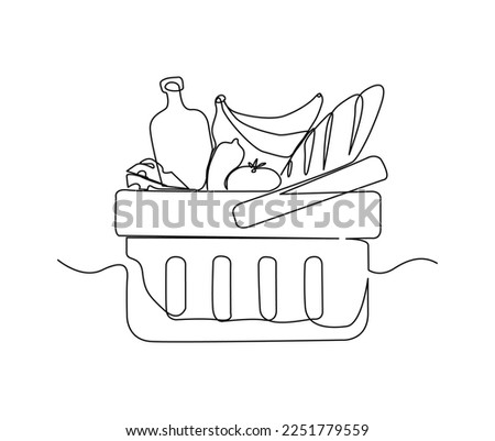 Continuous line art drawing of Grocery food basket, fruits and bread in the grocery basket. Grocery food basket single line art drawing vector illustration. Royalty-Free Stock Photo #2251779559
