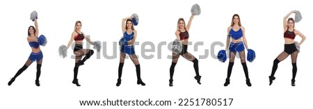 Collage with photos of beautiful happy cheerleaders with pom poms in uniforms on white background