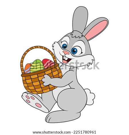 Cartoon young Rabbit carrying basket full of decorated Easter eggs. Cartoon character Easter Hare. Template design element for education card for kids learning animals and holidays. Happy Easter.
