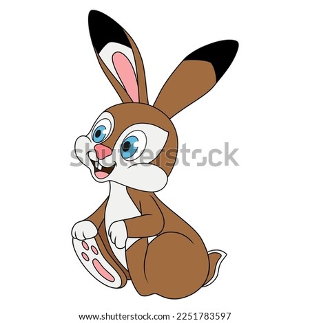 Young hare sits and holds its paws. Cartoon character Rabbit isolated on white background. Template for holiday, decoration and design. Education card for kids learning wild or farm animals.