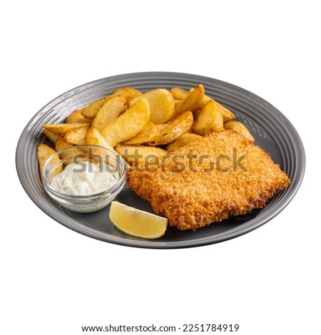 Isolated portion of fried fish and chips on white background