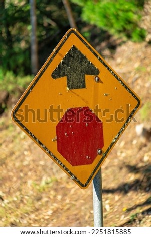Aged orange or yellow sign that lets drivers know that they are approaching a stop sign with red octagon and black arrow. In afternoon sun with moss on side and bright forest or tree background.
