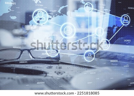 Social network theme drawing with glasses on the table background. Concept of people media connection. Double exposure.