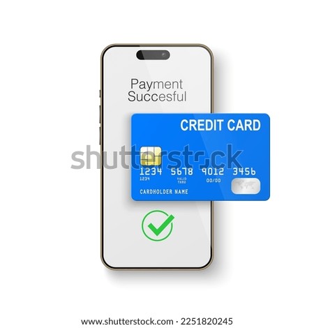 Vector 3d Realistic Smartphone and Credit Card, Wi-Fi Successful Payment. Concept of Payment for Purchases by Card, Online Shopping. Design Template, Bank POS Terminal, Mockup. Processing NFC Device Royalty-Free Stock Photo #2251820245
