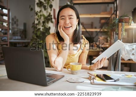Happy, research and tablet with portrait of asian woman in startup for management, planning and strategy. Idea, vision and creative with small business owner for branding, agenda and web design
