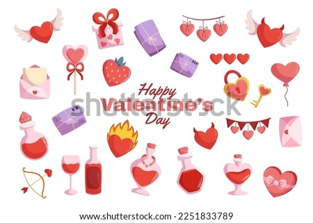 Valentines day big collection with festive elements - love potion bottles, different hearts with wing flame, letters and envelop. Vector cartoon style illustration