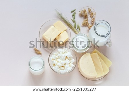 Flat lay of fresh dairy products - milk, cottage cheese, yogurt, sour cream, butter and oat ears on light background. Organic farm healthy food. Place for text. Tip view, closeup, copy space, mock up Royalty-Free Stock Photo #2251835297