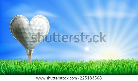 A heart shaped golf ball on its tee in a green grass field golf course. Conceptual illustration for a love of golf