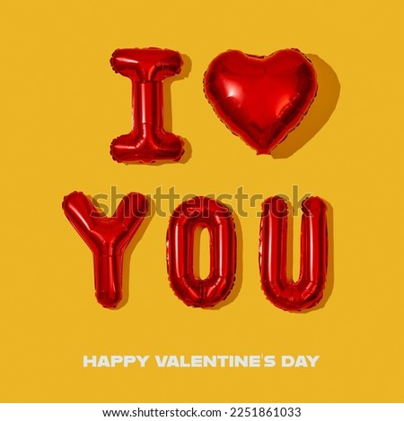 text happy valentines day and some letter-shaped balloons forming the sentence I love you on a yellow background, on a square format