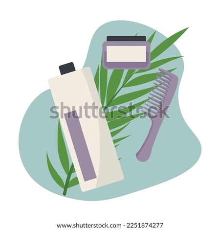 Set of bathing cosmetics and hair brush on white background