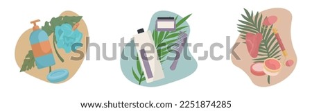 Collage of accessories for personal hygiene on white background