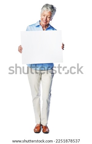 Poster, mockup and happy senior woman with marketing placard, advertising news banner or product placement. Studio paper mock up, billboard promotion sign and sales model isolated on white background