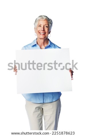 Placard mockup, portrait and senior happy woman with marketing poster, advertising banner or product placement. Studio mock up, billboard promotion sign and sales model isolated on white background
