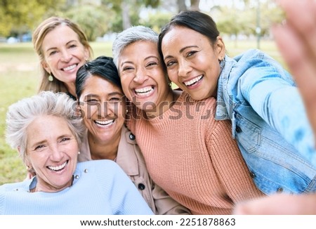 Retirement, women or portrait selfie or bonding memory, social media or diversity profile picture in nature park. Smile, happy or senior friends in photography pov, grass garden or relax environment