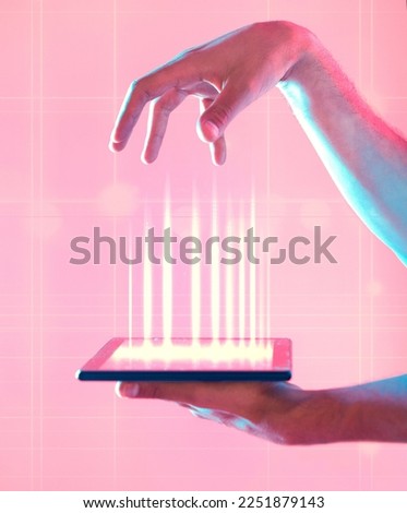 Connection, social network and hands with a tablet for ux, communication and internet on a pink background. Website, media and person with neon screen of technology for contact, networking and app