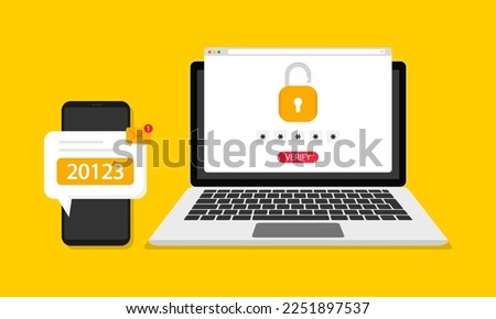 Two steps authentication concept with laptop and smartphone. Verification code by phone. Notification with a security code for secure login or sign in. Vector Royalty-Free Stock Photo #2251897537