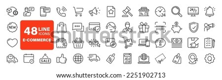 E-Commerce set of web icons in line style. Online shopping icons for web and mobile app. Business, mobile shop, digital marketing, bank card, gifts, sale, delivery. Vector illustration Royalty-Free Stock Photo #2251902713