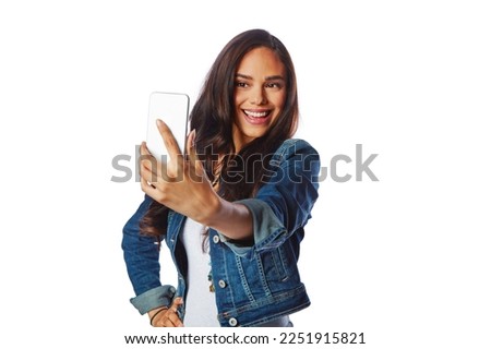 Influencer, fashion and phone selfie on isolated white background for social media, profile picture or video call. Smile, happy woman or model on mobile photography technology in blogging on mockup