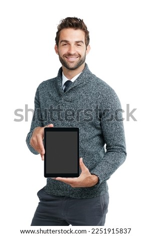 Portrait, screen or business man with tablet for mockup space board, advertising or networking in studio. Model, smile or businessman with tech for communication, social media or blog content review
