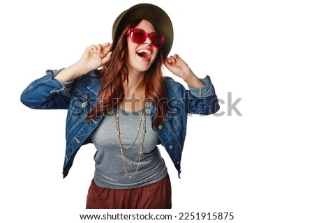 Laughing woman, fashion or sunglasses with hat or denim jacket on isolated white background or marketing mockup. Smile, happy and gen z model with funny or comic face expression or cool brand clothes