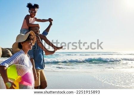 Walking, beach and profile of relax black family travel, happy and enjoy outdoor quality time together. Ocean sea water, blue sky mockup or freedom for bonding people on Jamaica holiday in summer Royalty-Free Stock Photo #2251915893