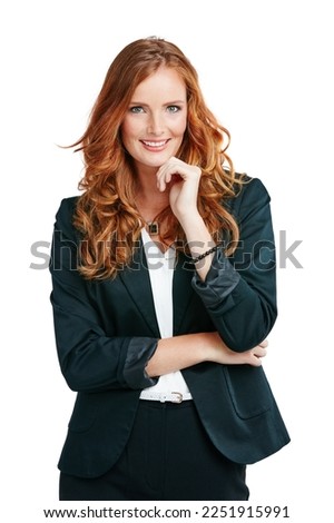 Business woman, portrait and happy face on isolated white background for about us, profile picture and ID. Corporate worker, employee and management smile with vision, ideas and innovation on mock up