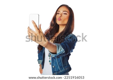 Woman, fashion or kiss for phone selfie on isolated white background for social media, profile picture or video call. Model, influencer or mobile photography technology for gen z blogging on mock up