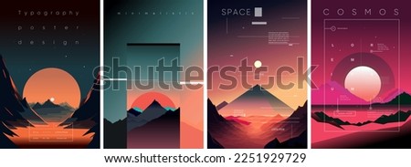 Space and Planets. Minimalist style. Retrofuturism. Neon. Typography posters design. Set of flat vector illustrations. Layout creative. Print, label, cover.