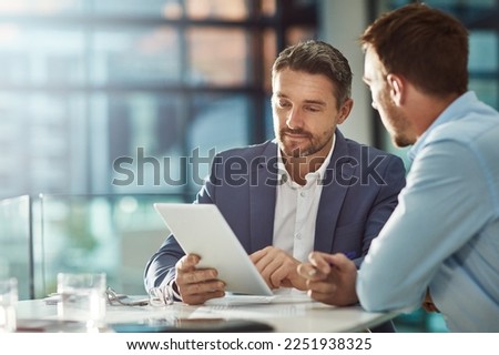 Teamwork meeting, tablet and business people in office workplace. Collaboration, technology and workers, men or employees with touchscreen planning sales, research or financial strategy in company Royalty-Free Stock Photo #2251938325