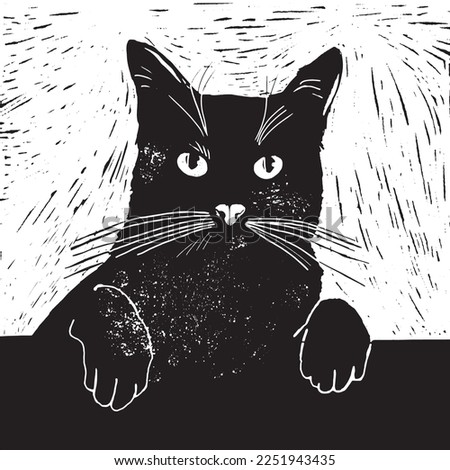 Hand drawn black cat in minimalist linocut graphic style. Can be used as a stamp on fabric, postage stamp, postcard