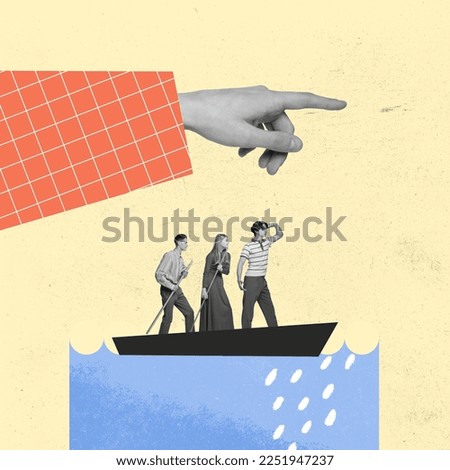 Business team moving in one direction. Contemporary art collage. Motivated and concentrated employees in boat. Concept of teamwork, support, professional growth and motivation.