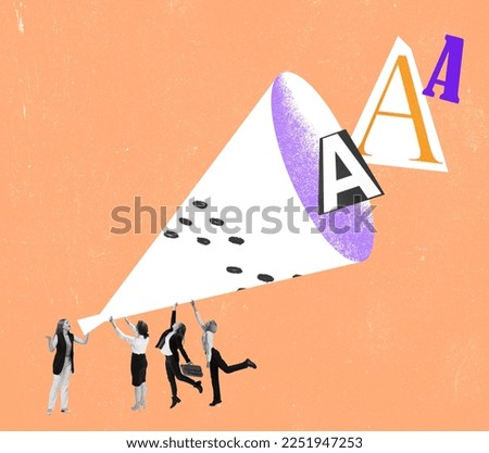 News, info. Contemporary art collage. Motivated and concentrated employees in motion, action. Concept of teamwork, support, professional growth and motivation. Business, finance, team and work Royalty-Free Stock Photo #2251947253