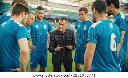 Professional Soccer Team Training, Tactical Coaching: Football Coach Explains Game Strategy, Develop Workout Plan Trainer Motivates Athletes, Leads to Victory, Preparing For Championship. Royalty-Free Stock Photo #2251953771