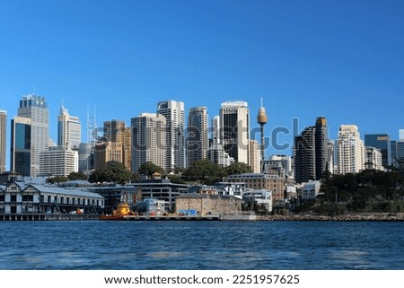 Sydney skyline with its skyscrapers photographed from a ship in Walsh Bay