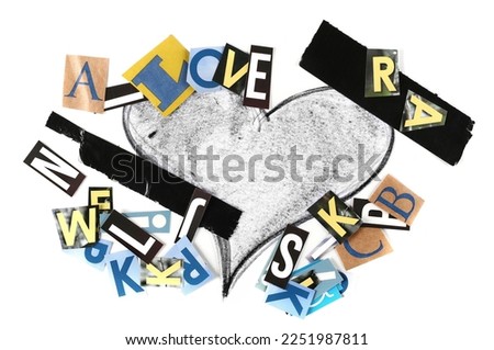 Collage of letters newspapers with hand draw heart isolated on white background and texture, top view