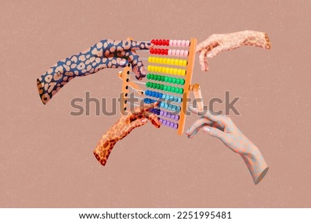 Collage photo of fingers different prints style pointing counting colorful abacus financial accountant banking isolated on beige color background