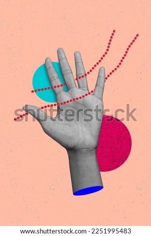 Composite collage photo of human hand raise up five number count fingers wrist support candidat nonverbal move hello palm isolated on pink background