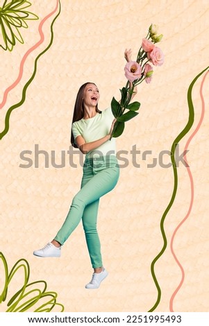 Vertical collage image of positive pretty girl arms hold fresh beautiful flowers isolated on drawing background