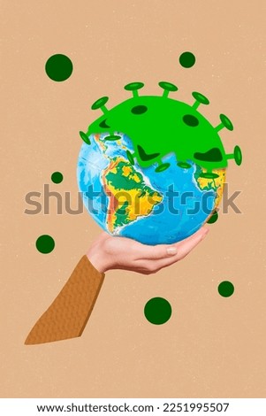 Collage artwork graphics picture of arm holding corona virus spreading planet isolated painting background