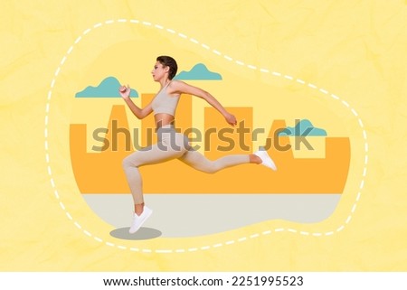 Collage 3d image of pinup pop retro sketch of purposeful happy lady enjoying morning running isolated painting background