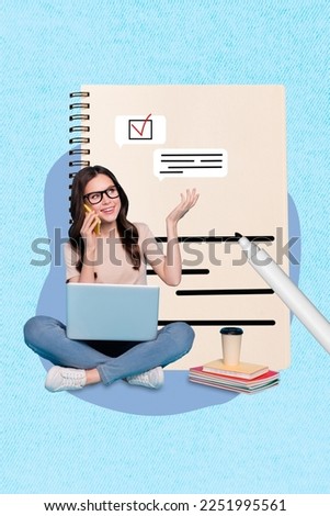 Collage photo poster of young beautiful business lady sit with laptop calling smartphone look planner tasks done isolated on painted blue background