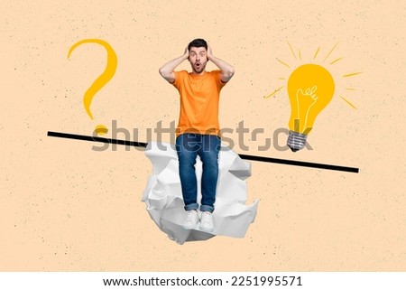 Collage photo of young funny smart man sitting balance scales dont know confused idea asking question mark vs lamp isolated on beige background