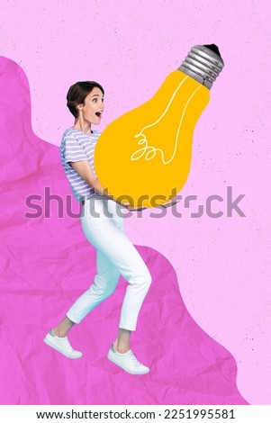 Photo artwork collage photo of young funny overjoyed genius business lady hold huge light bulb lamp idea solution isolated on pink background