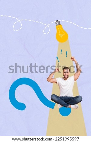 Vertical collage portrait of delighted overjoyed guy sit huge question mark raise fists light bulb isolated on drawing background